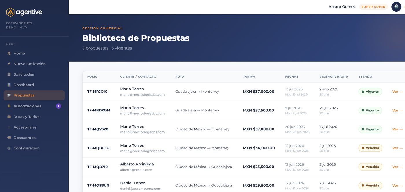 Captura de pantalla: propuesta comercial formal generada en Agentive con flujo de autorización